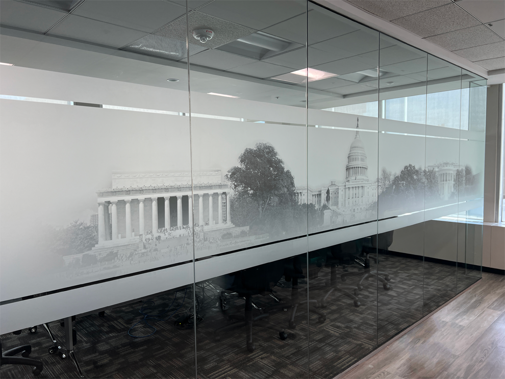 Frosted Vinyl in Gaithersburg, MD designed and installed for custom mural graphics and glass branding