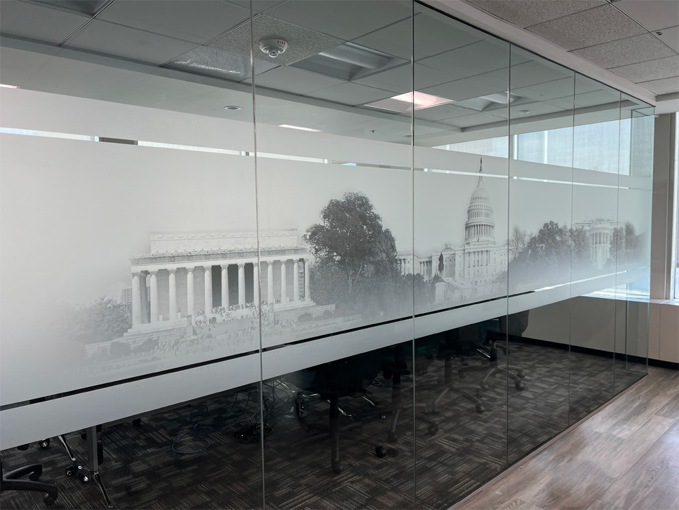 Frosted Vinyl in Norfolk, VA designed and installed for custom mural graphics and glass branding