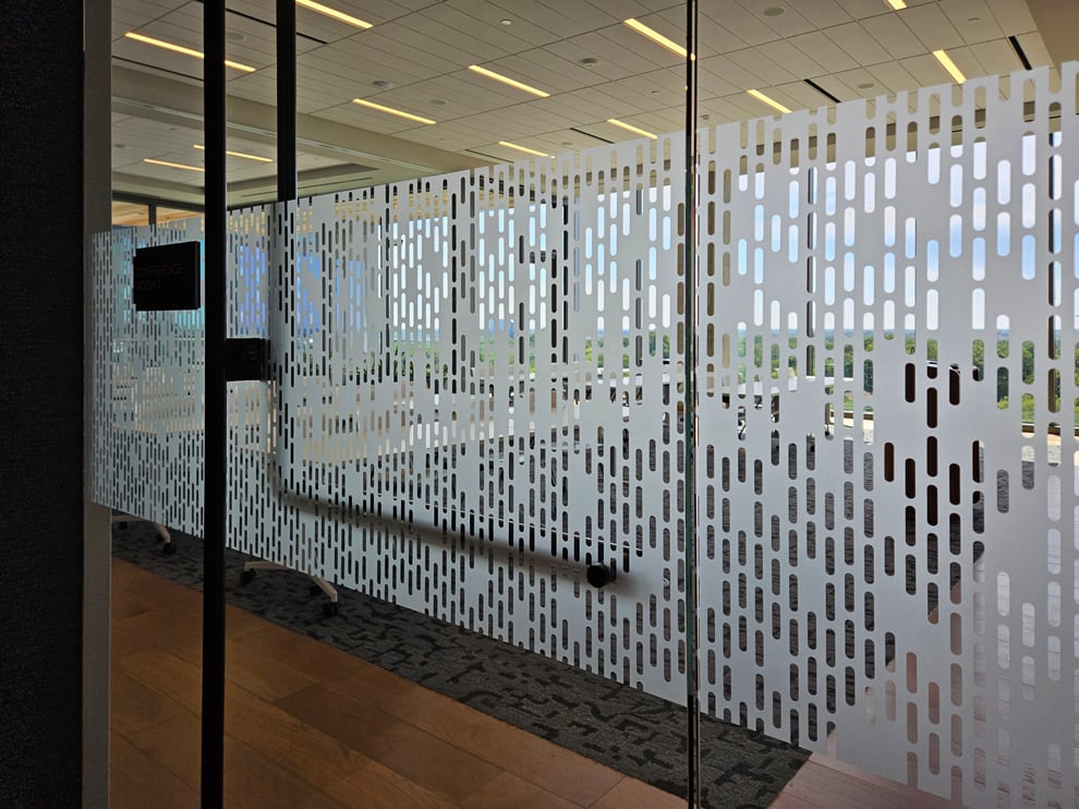 Frosted Vinyl in Richmond, VA designed and installed for company logos and decorative glass panels