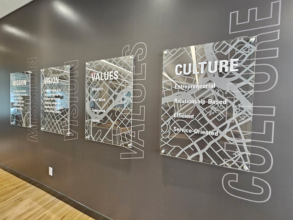 Mission statement wall display installation for workplace branding Richmond, VA