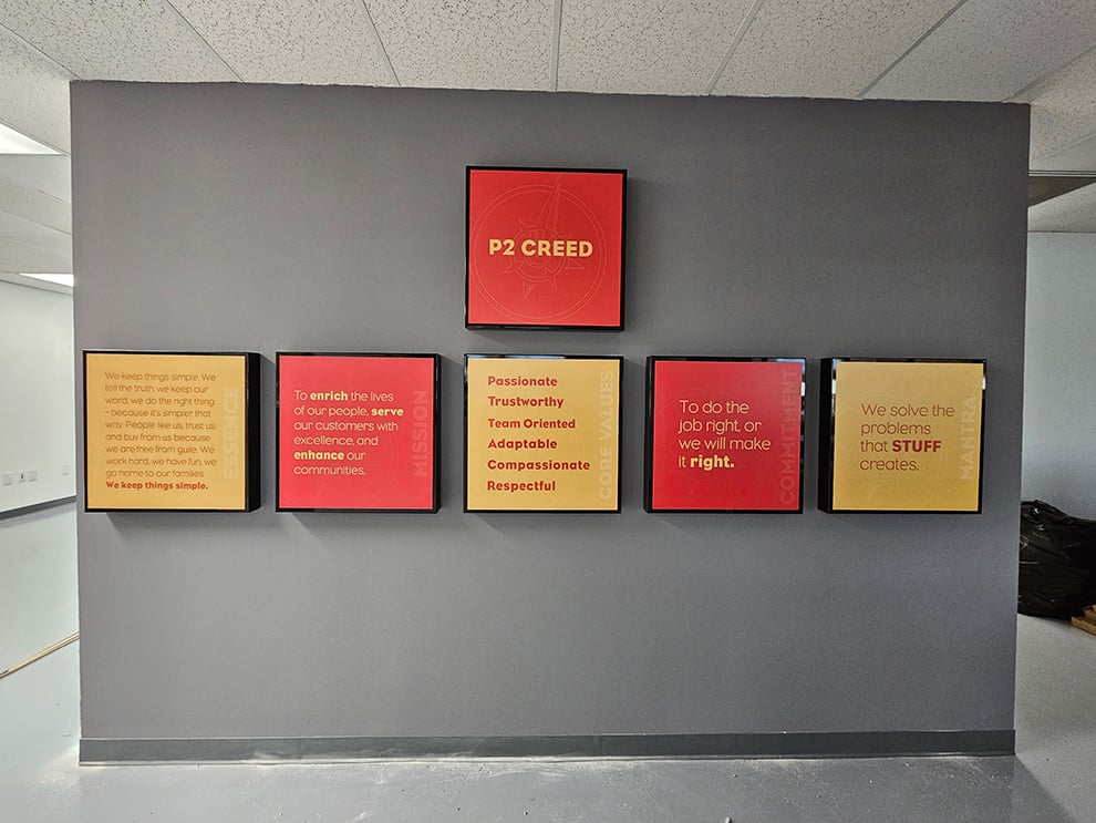 Corporate mission statement wall display installed in Richmond, VA office