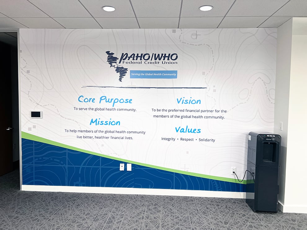 Engaging mission statement wall display designed for company culture Richmond, VA