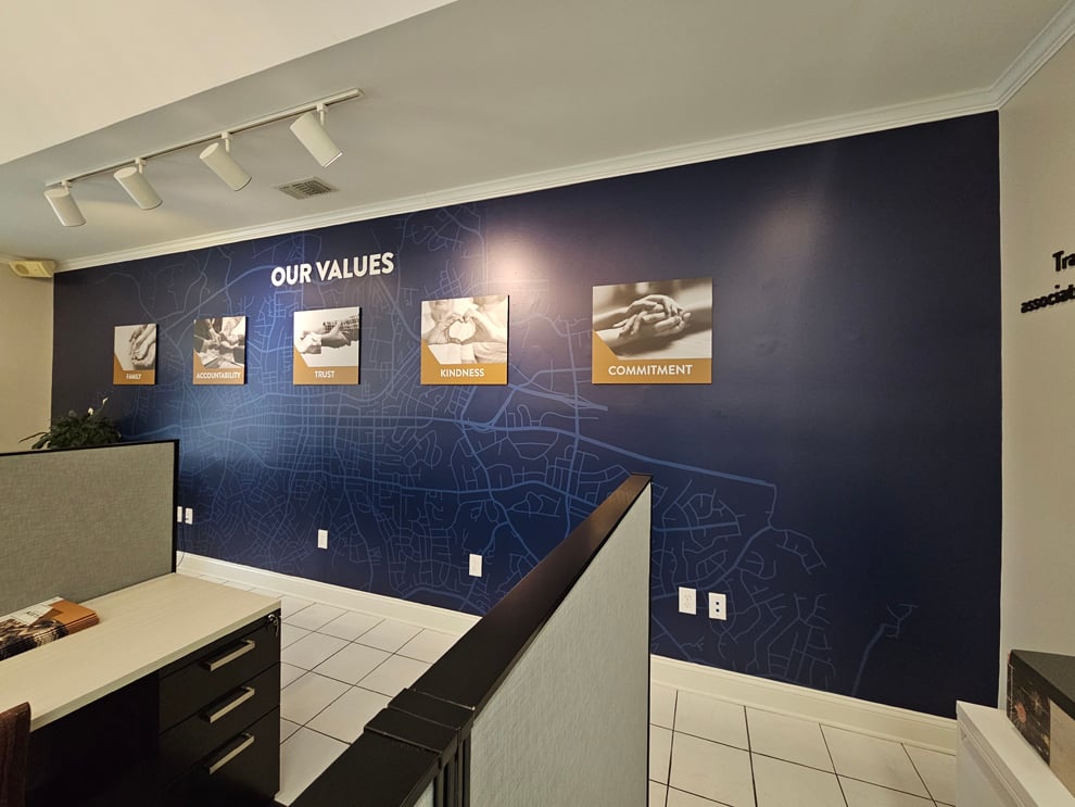Wall displays with branded graphics in Richmond, VA, workplaces