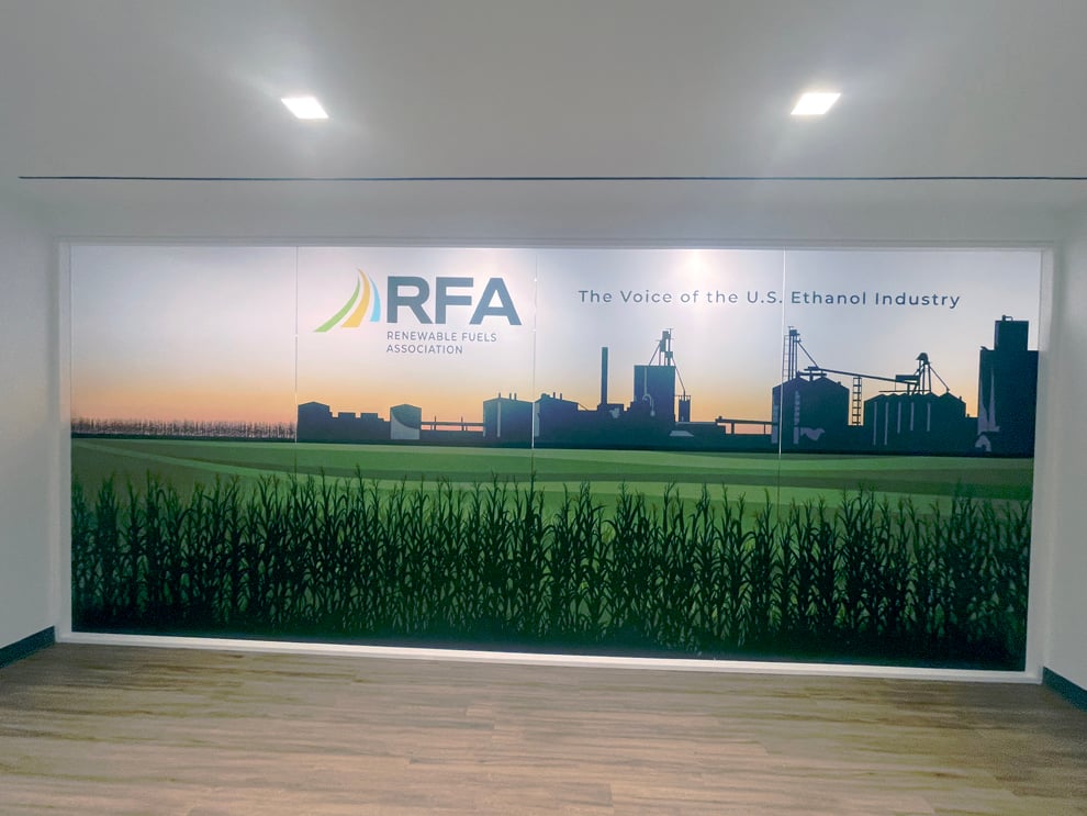 Large wall graphic installation transforming Washington, DC workplace interior