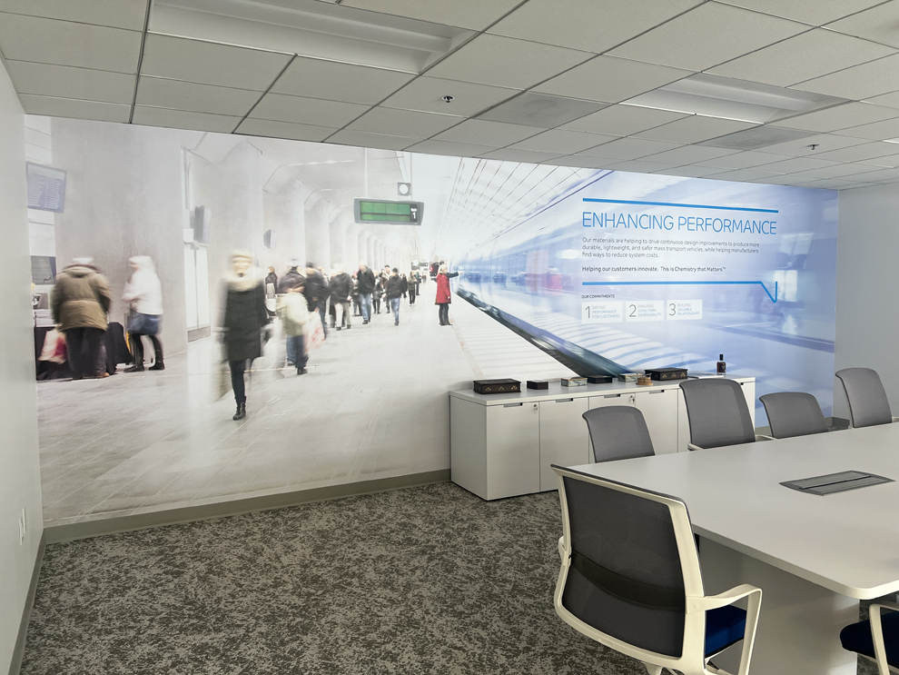Branded conference room wall wrap design for workplace in Charlottesville, VA