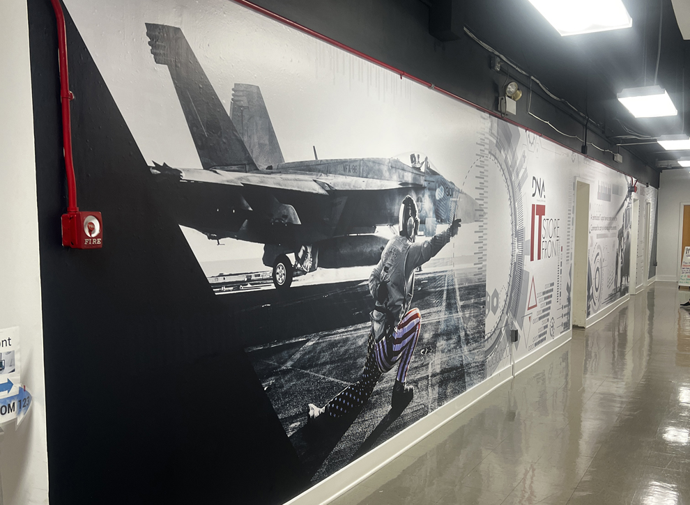 Workplace wall mural with custom branding graphics Virginia Beach, VA office