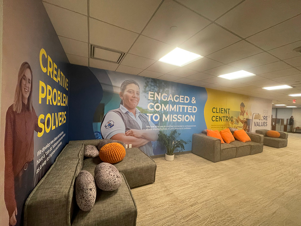 Event venue wall mural with branded graphics near Williamsburg, VA