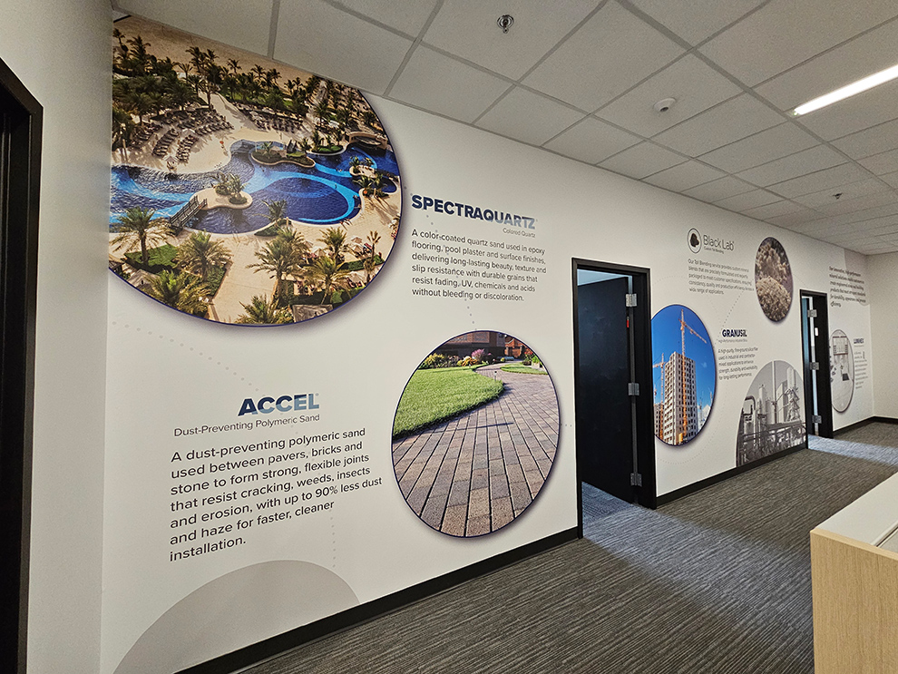 Reception area wall mural with custom branding Williamsburg, VA office