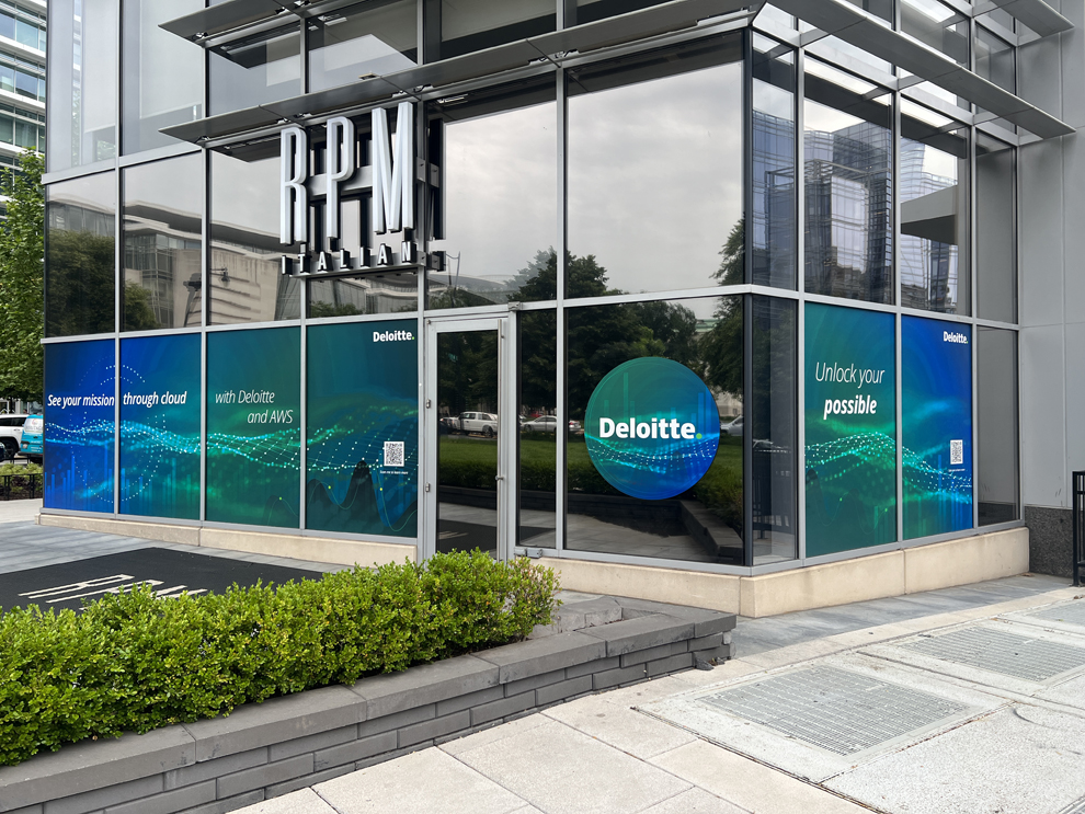 Office lobby window graphics with company branding in Arlington, VA