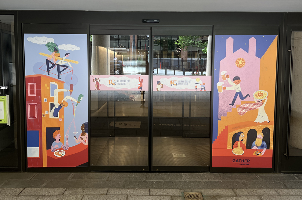 Branded glass window graphics enhancing office interiors in Arlington, VA